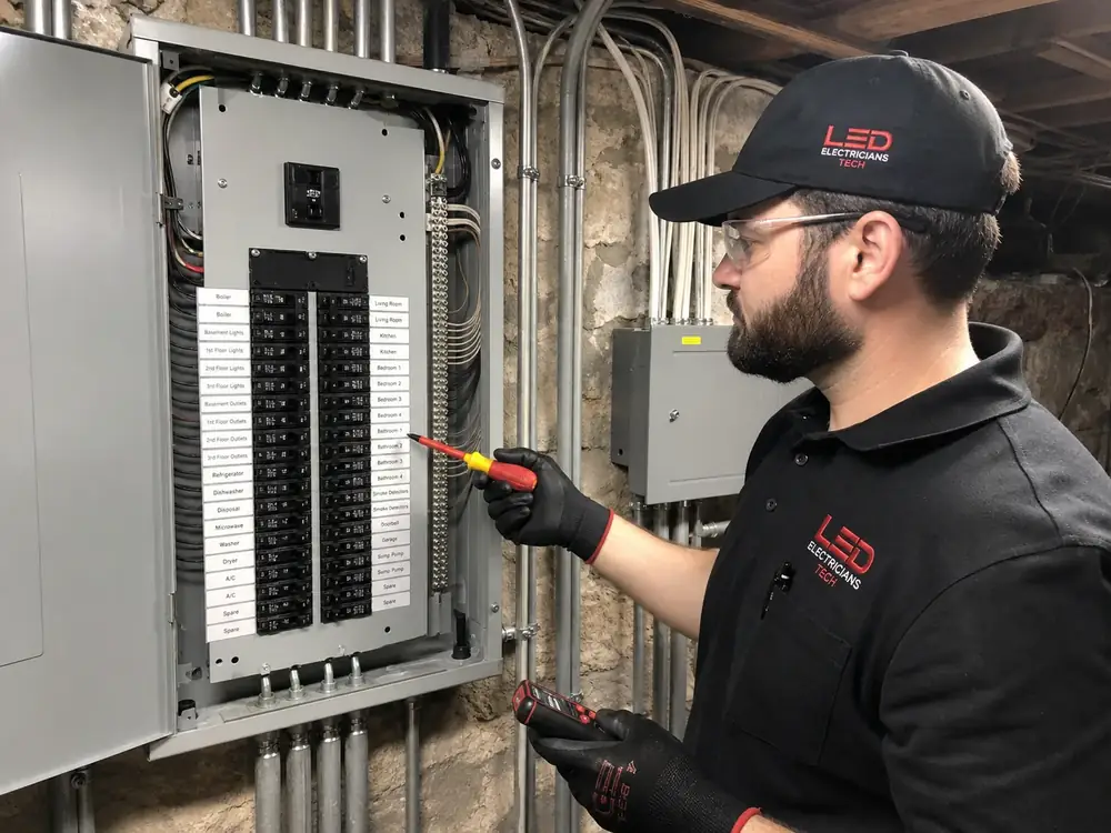 NYC Electrical Panel Upgrade Inspection NYC electrician inspecting a modern electrical panel upgrade