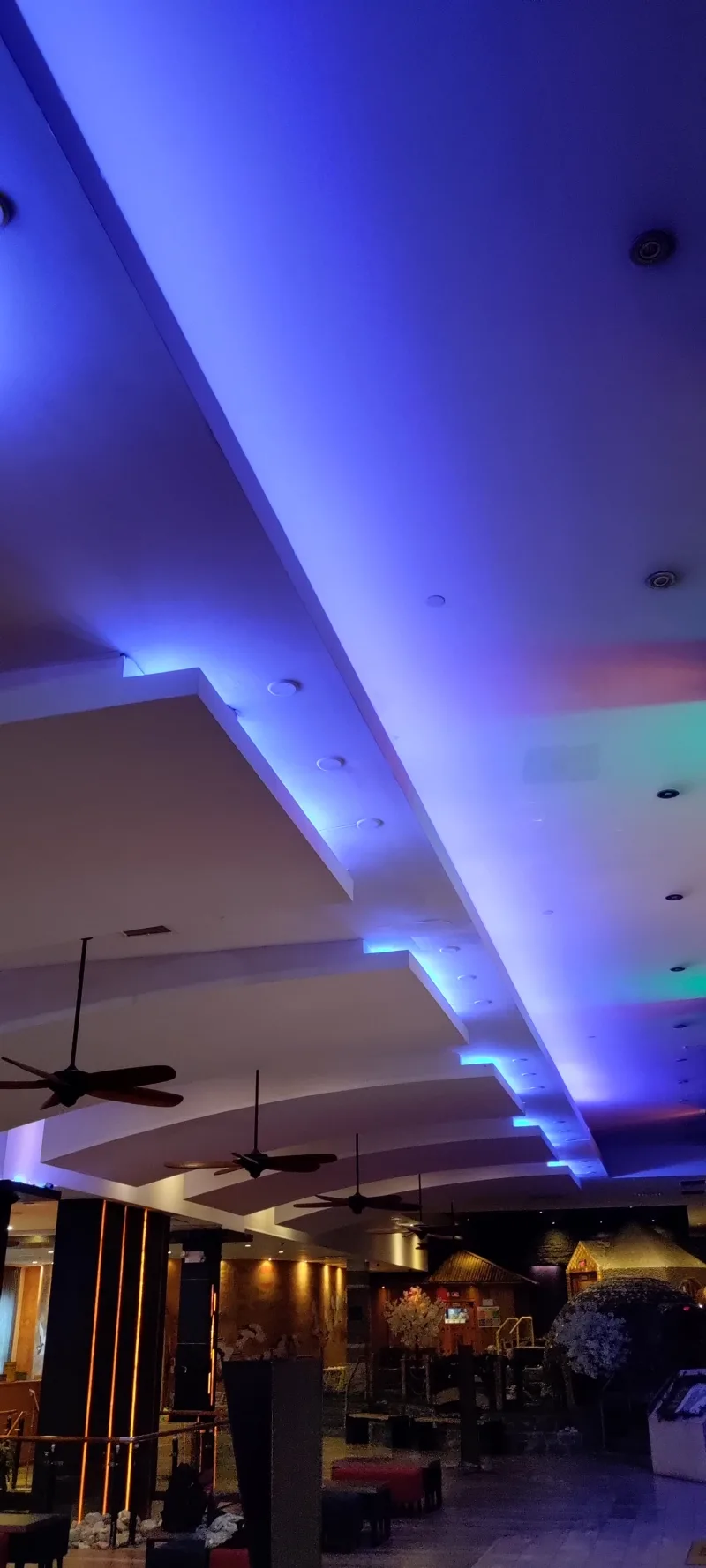 Finished LED cove and recessed lighting Finished blue LED cove lighting and recessed fixtures in a New York City commercial interior
