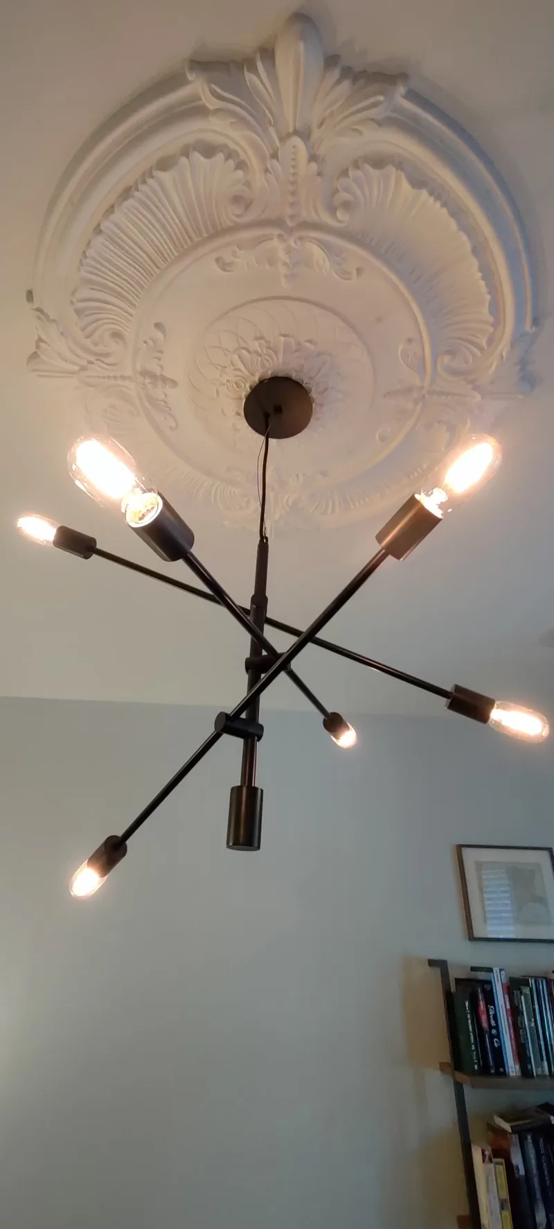 Decorative ceiling-light installation Modern decorative ceiling light installed beneath an ornate ceiling medallion in New York City