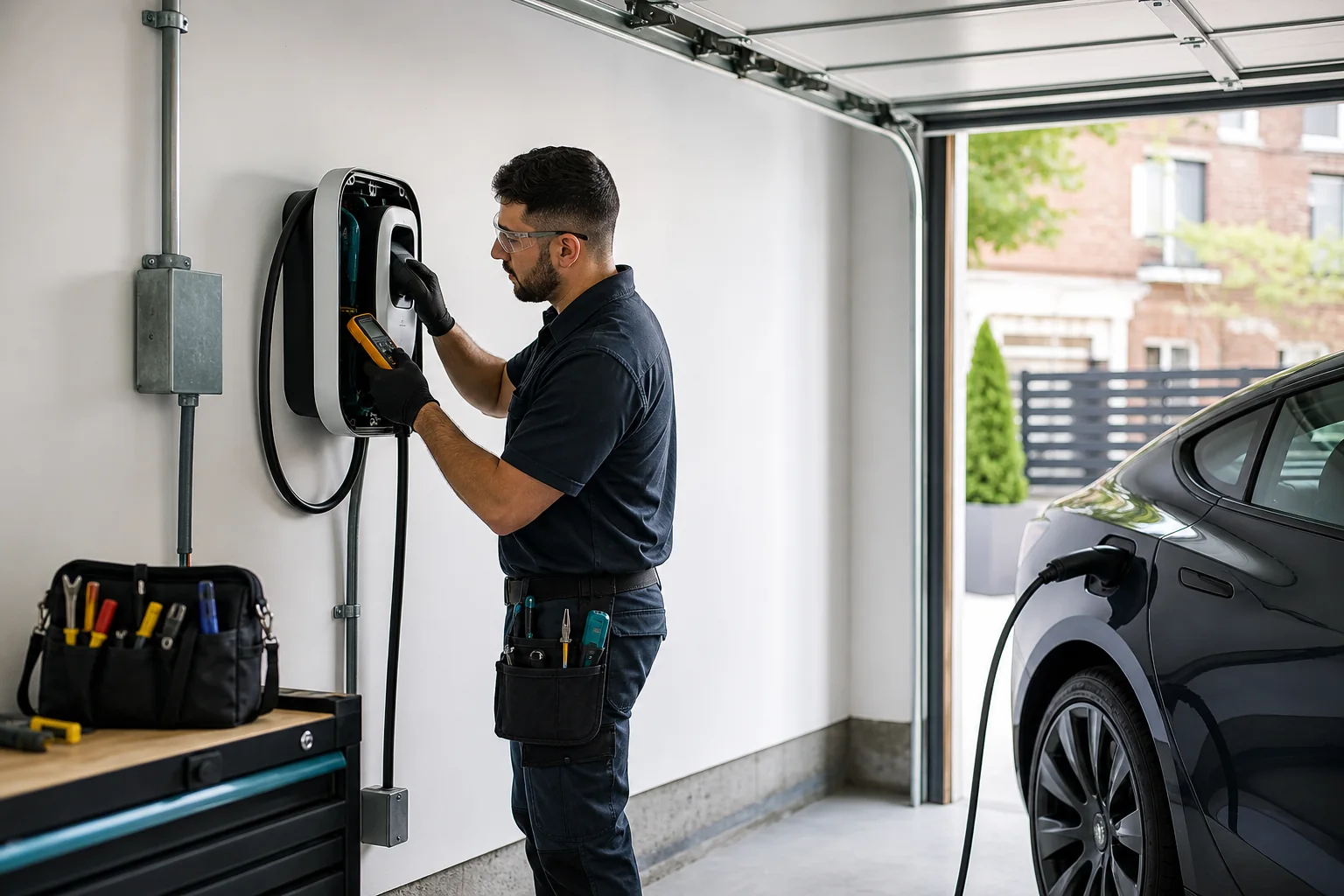 Wall-mounted electric vehicle charger installed by LED Electricians