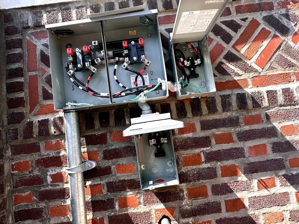 Example image of exterior electrical service equipment and conduit installation conditions.