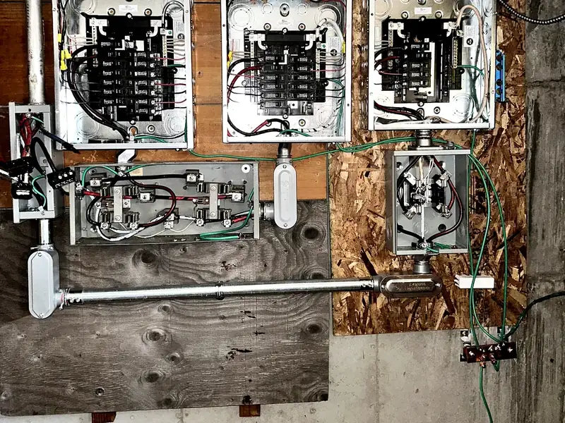 Multiple electrical panels and service equipment reviewed for a building upgrade