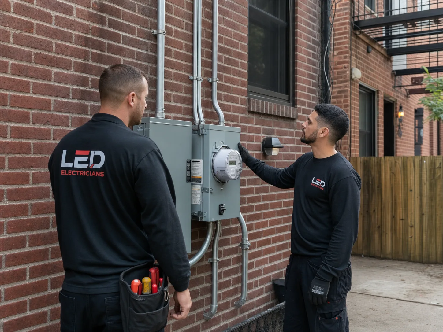 NYC Multifamily Electrical Service Upgrade Electricians inspecting electrical service equipment on a NYC multifamily building